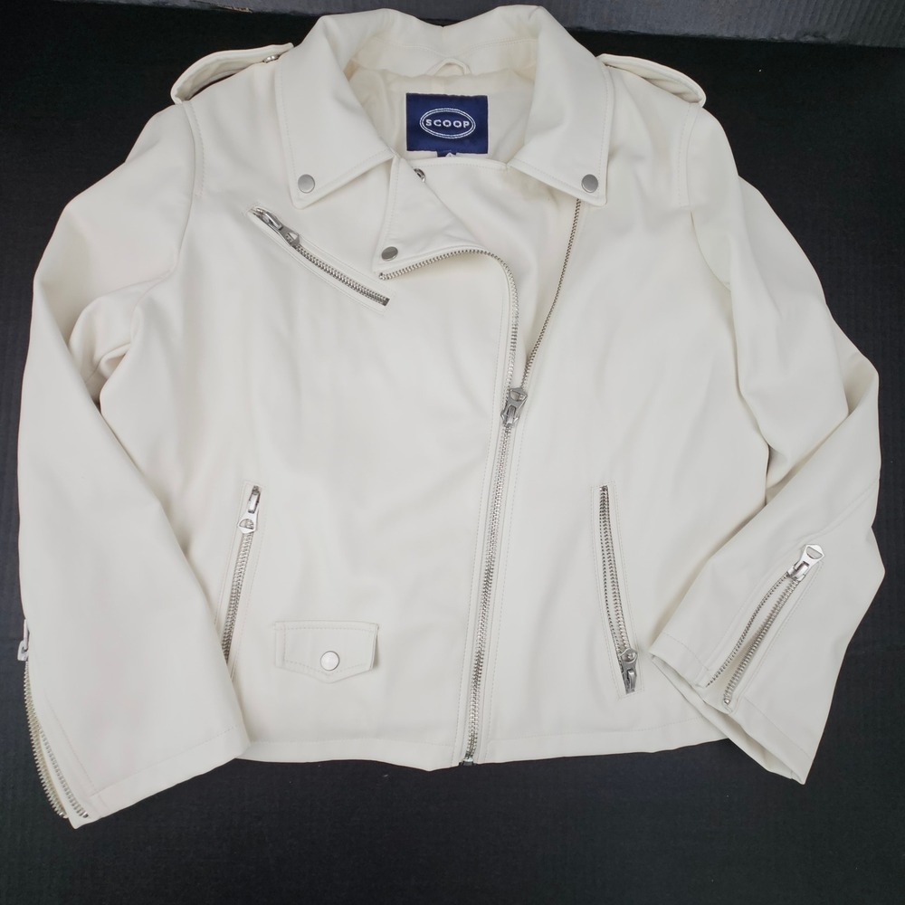 Scoop White Faux Leather Moto Jacket XL 16-18 Biker Chic Zippers Edgy Buttery